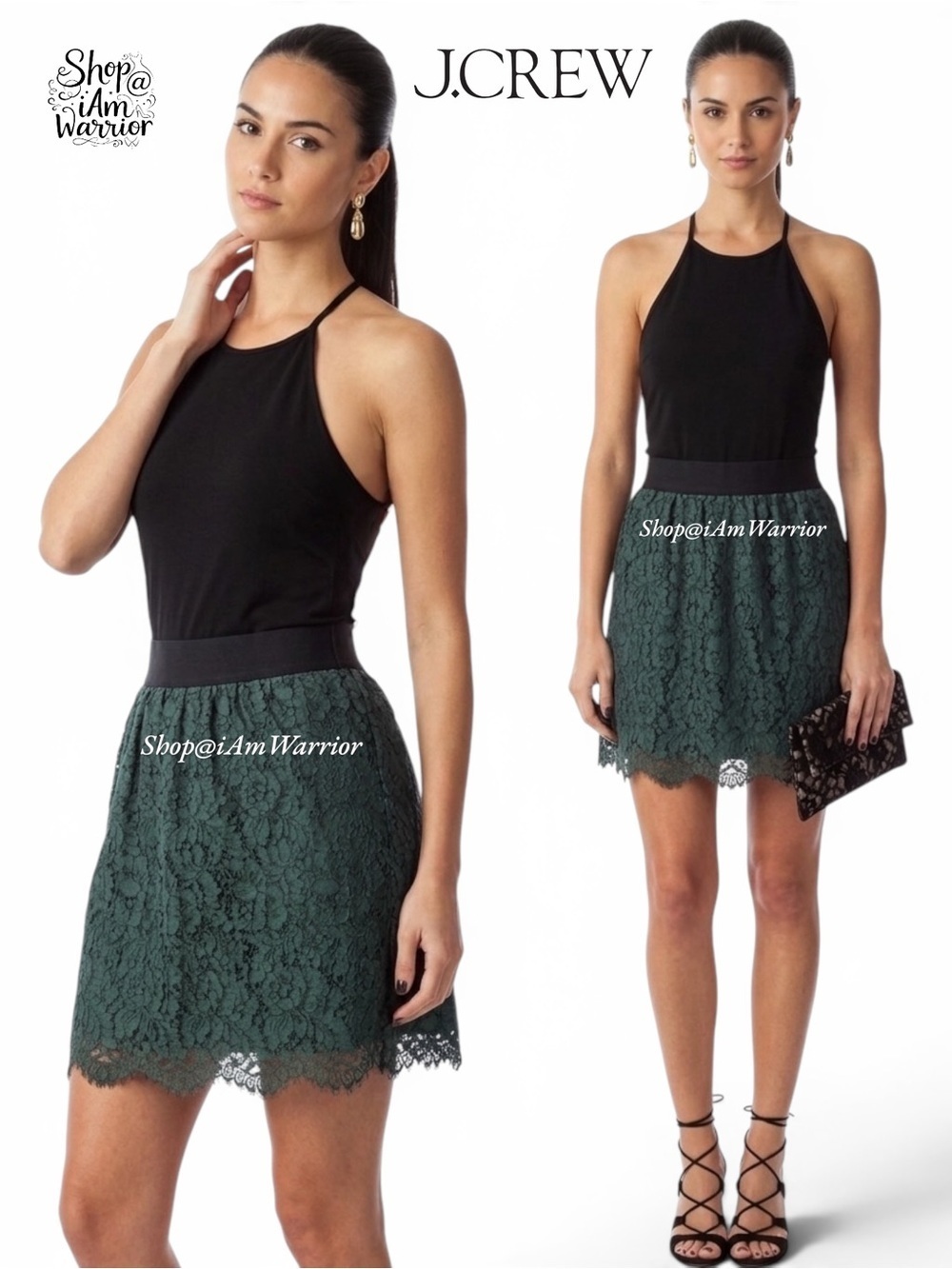 J.Crew evergreen French lace mini skirt w/ black elastic waist *shop@iamwarrior